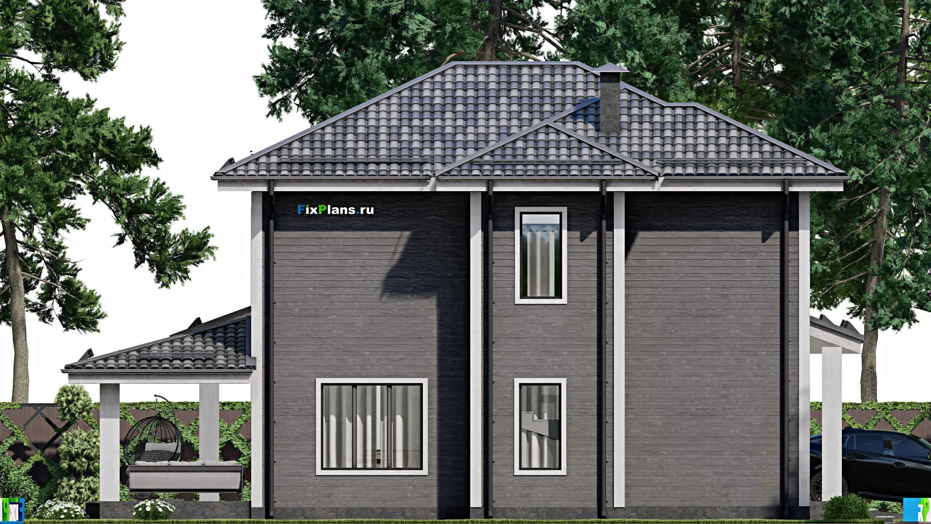 F-3563 - Проект двухэтажного дома 12 на 15, площадью 200 м² с террасой, гаражом на 1 машину и 5 спальнями