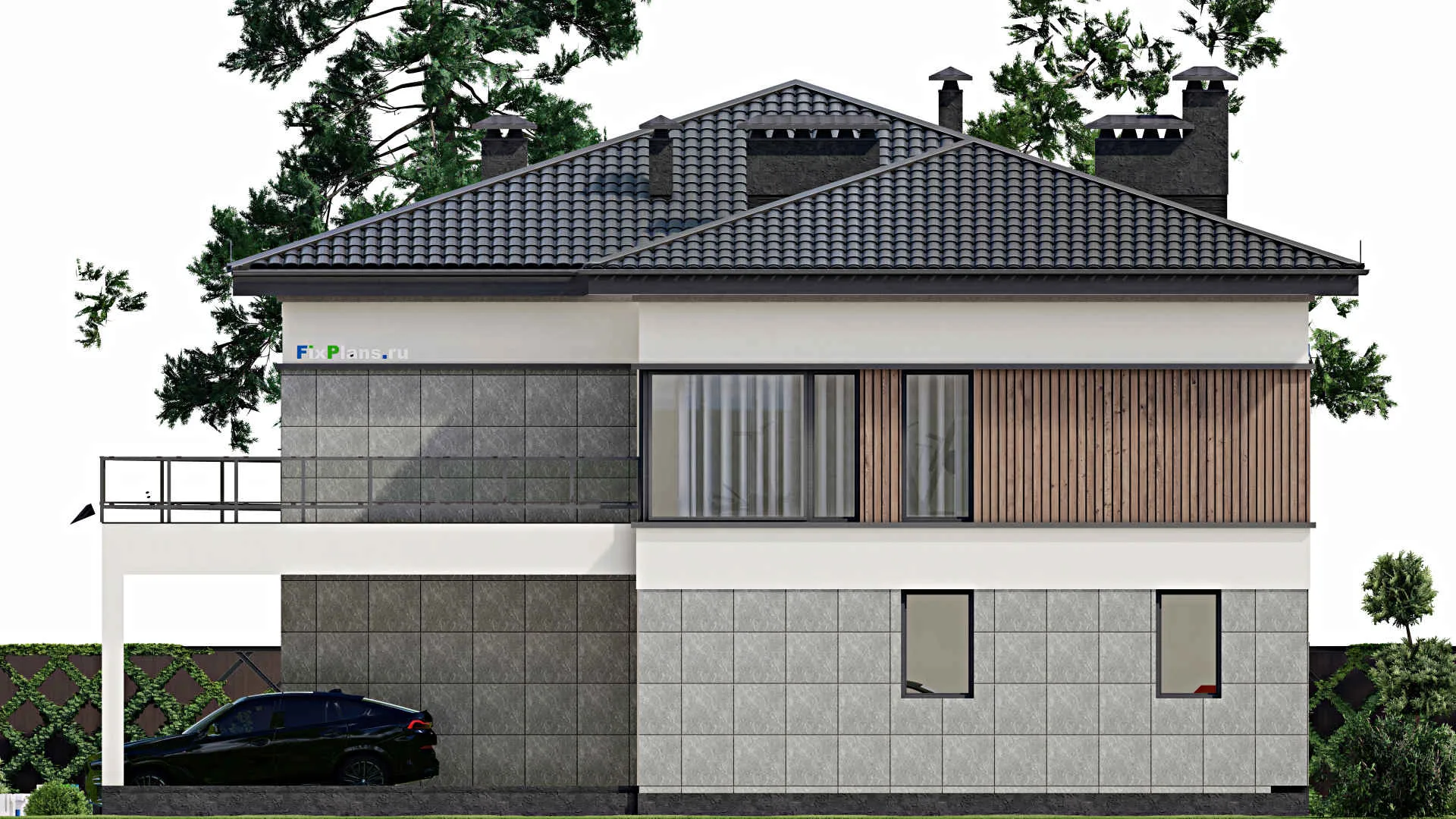 F-5210 - Планы двухэтажного дома 15 на 20, площадью 460 м² с балконом, гаражом на 1 машину, спортзалом и 1 спальнями