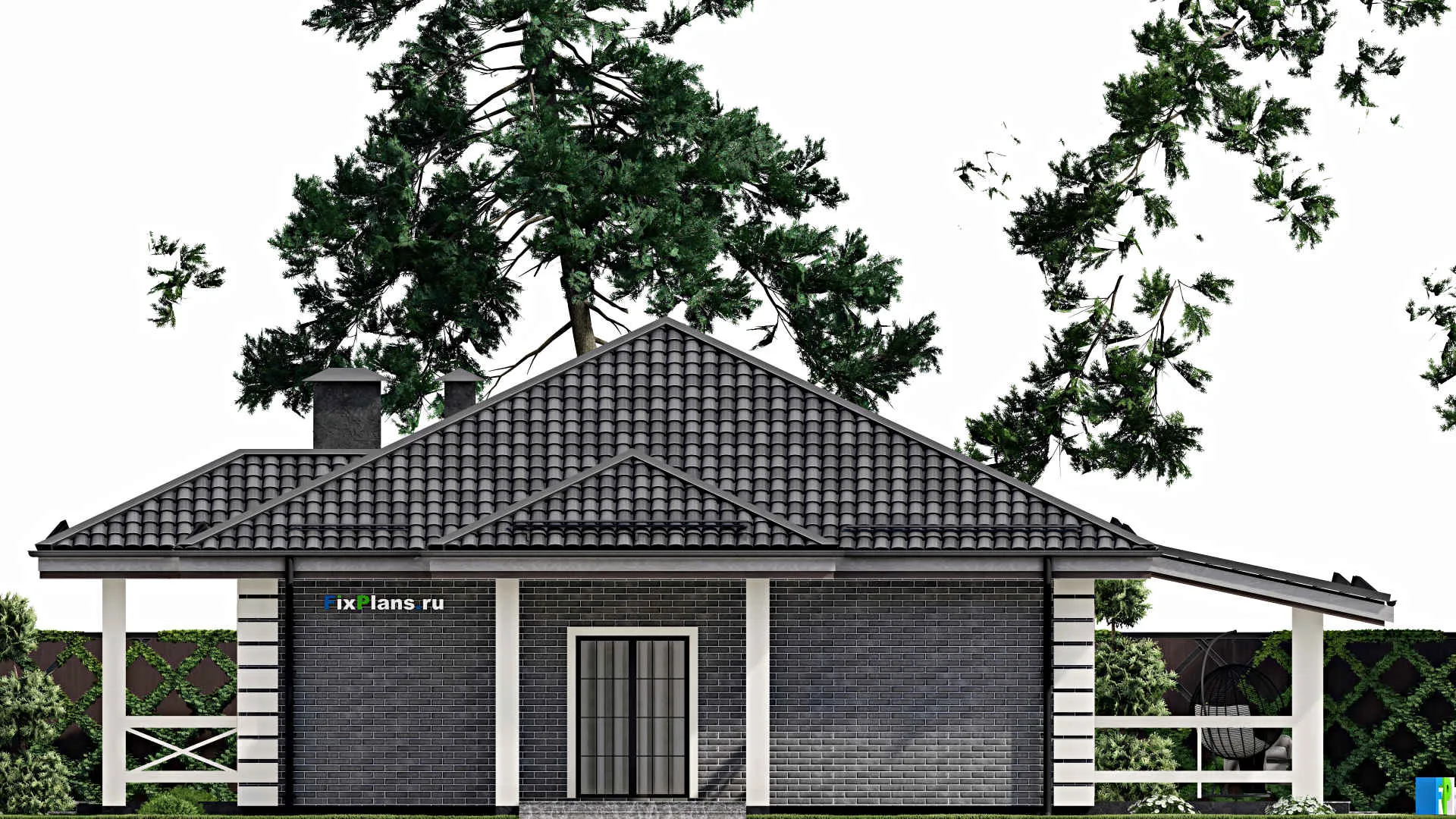 F-7154 - Проект одноэтажного дома 11 на 17, площадью 200 м² с террасой и 4 спальнями