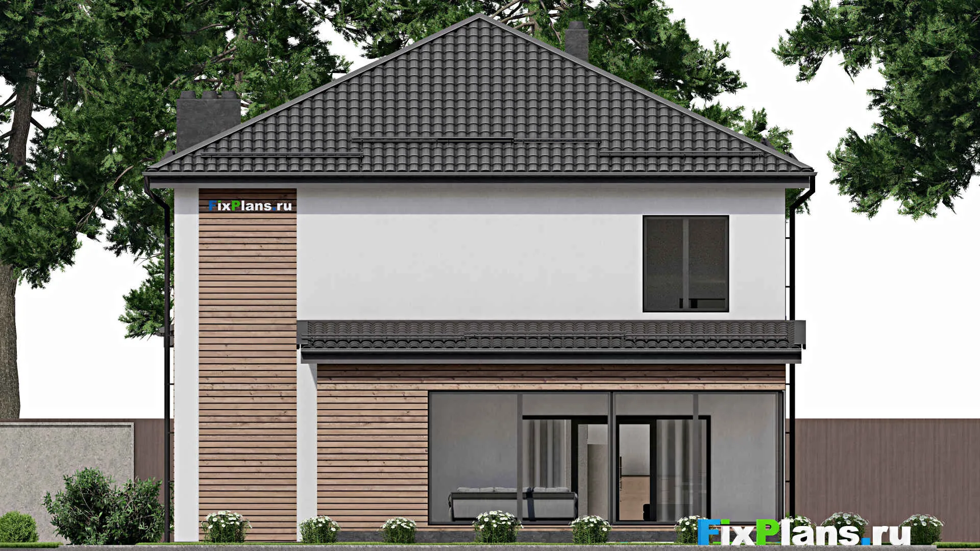 F-4049 - Проект двухэтажного дома 12 на 17, площадью 230 м² с террасой, баней и 4 спальнями