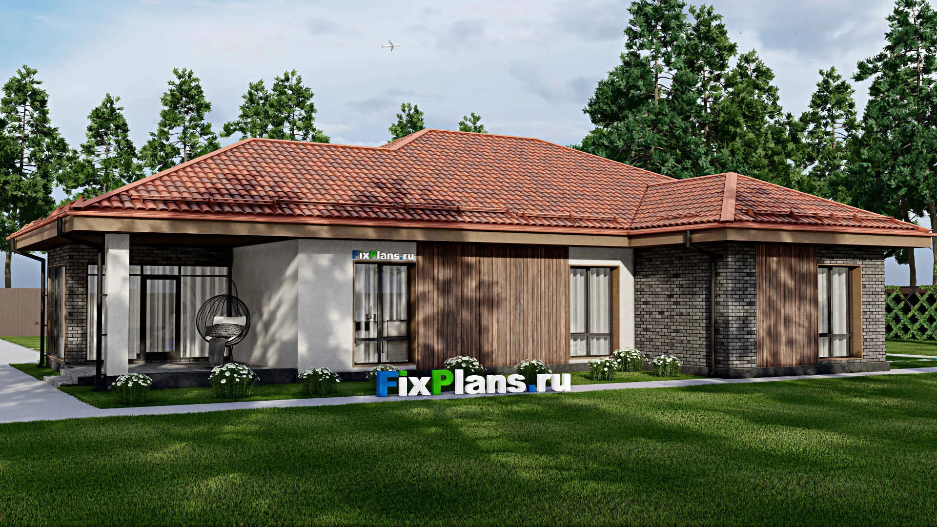 F-8180 - Проект одноэтажного дома 19 на 20, площадью 300 м² с террасой и 4 спальнями