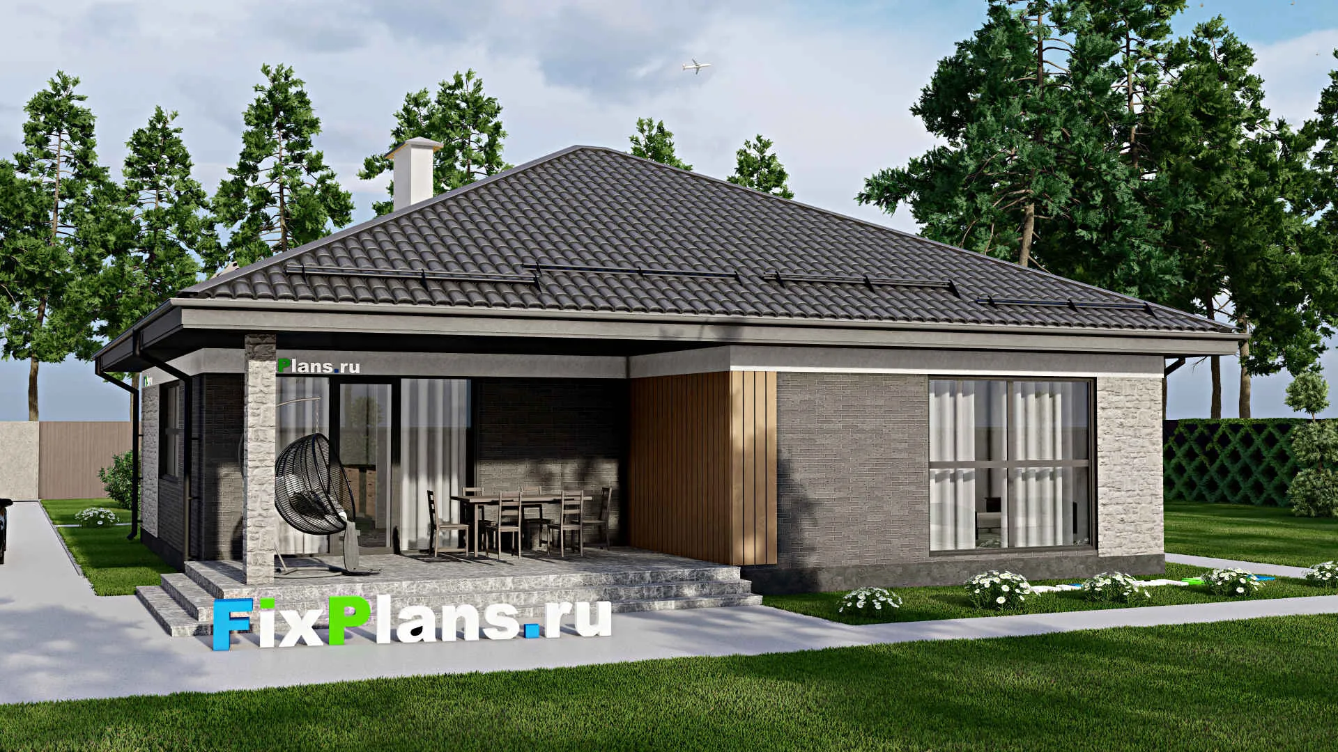 F-4148 - Проект одноэтажного дома 13 на 14, площадью 140 м² с террасой и 3 спальнями