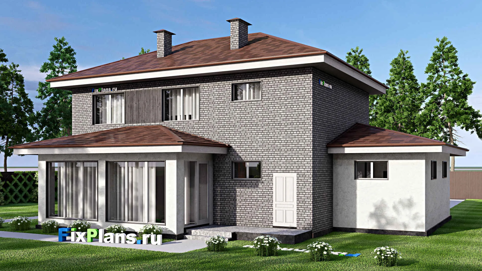 F-15191 - Планы двухэтажного дома 16 на 18, площадью 270 м² с террасой, гаражом на 2 машины и 4 спальнями