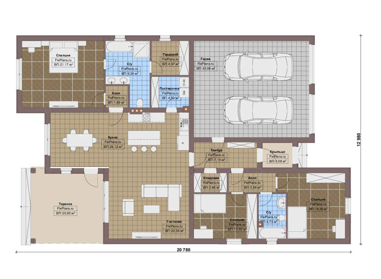 F-16883 - План одноэтажного дома 13 на 21, площадью 210 м² с террасой, гаражом на 2 машины и 3 спальнями