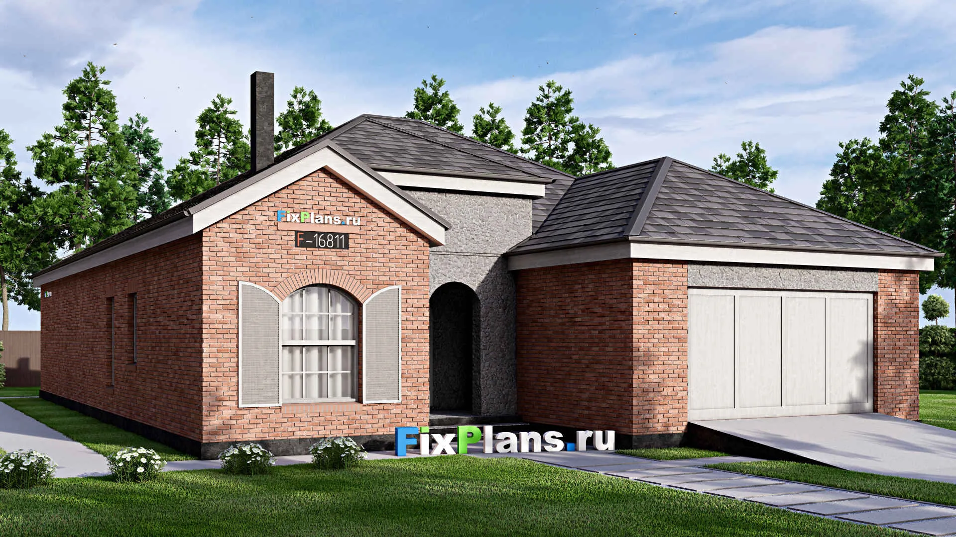 F-16811 - Проект одноэтажного дома 15 на 24, площадью 220 м² с террасой, гаражом на 2 машины и 3 спальнями