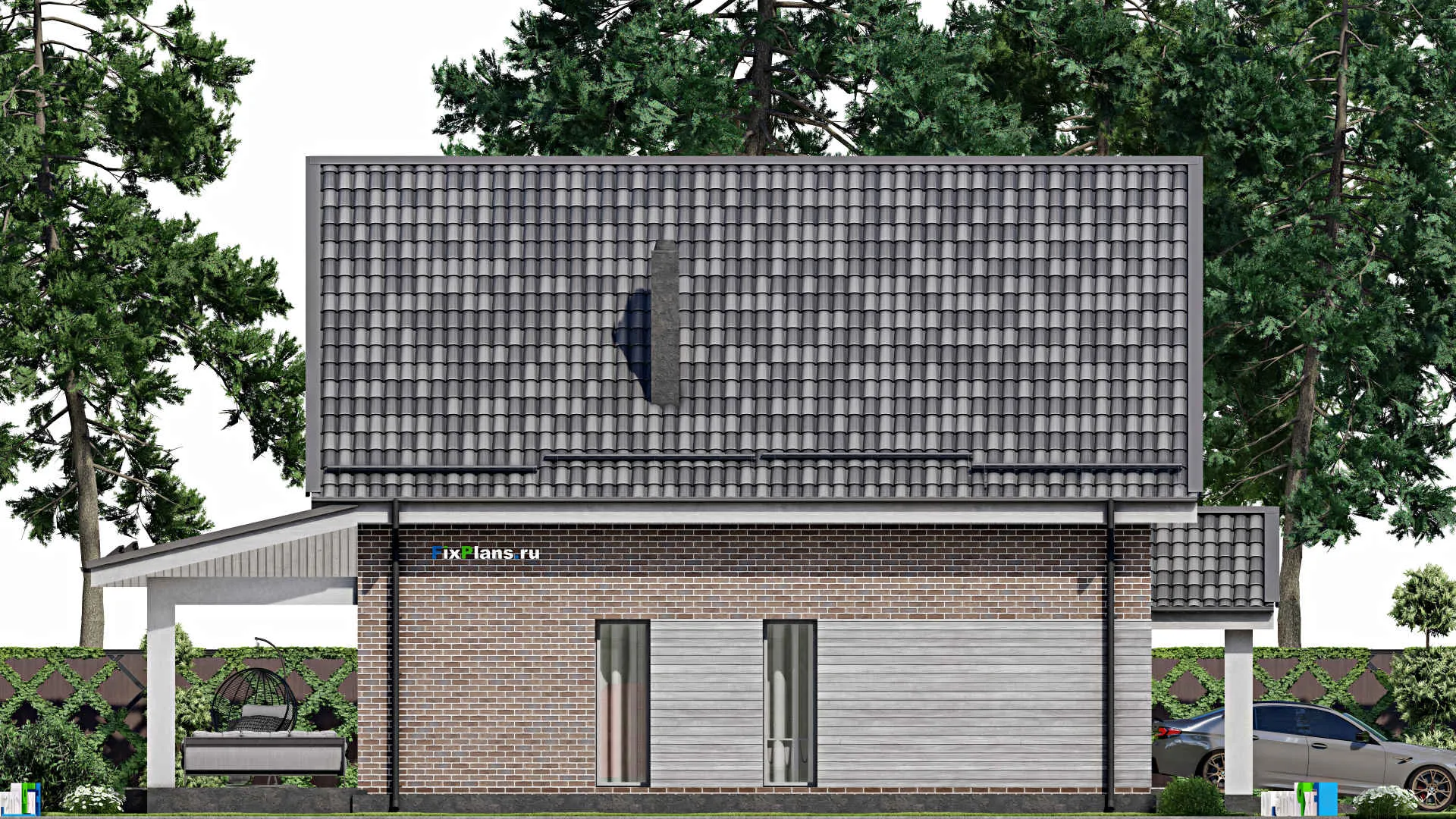 F-3032i - Проект дома с мансардой 13 на 15, площадью 210 м² с террасой, гаражом на 2 машины и 3 спальнями