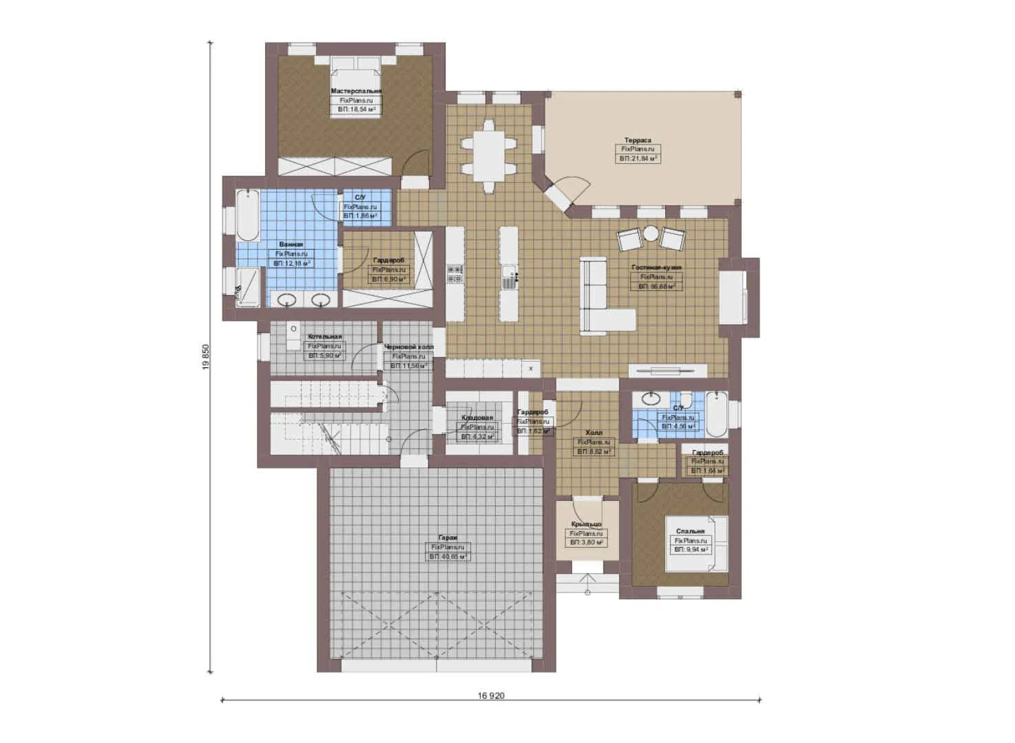 F-20195 - План одноэтажного дома 17 на 20, площадью 300 м² с террасой, гаражом на 2 машины и 4 спальнями