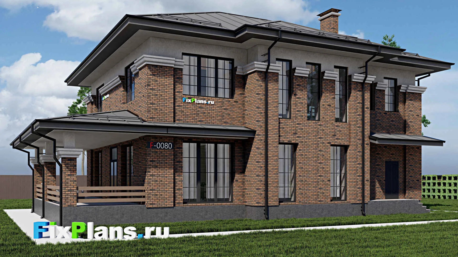 F-0080 - Проект двухэтажного дома 17 на 21, площадью 360 м² с террасой и 4 спальнями