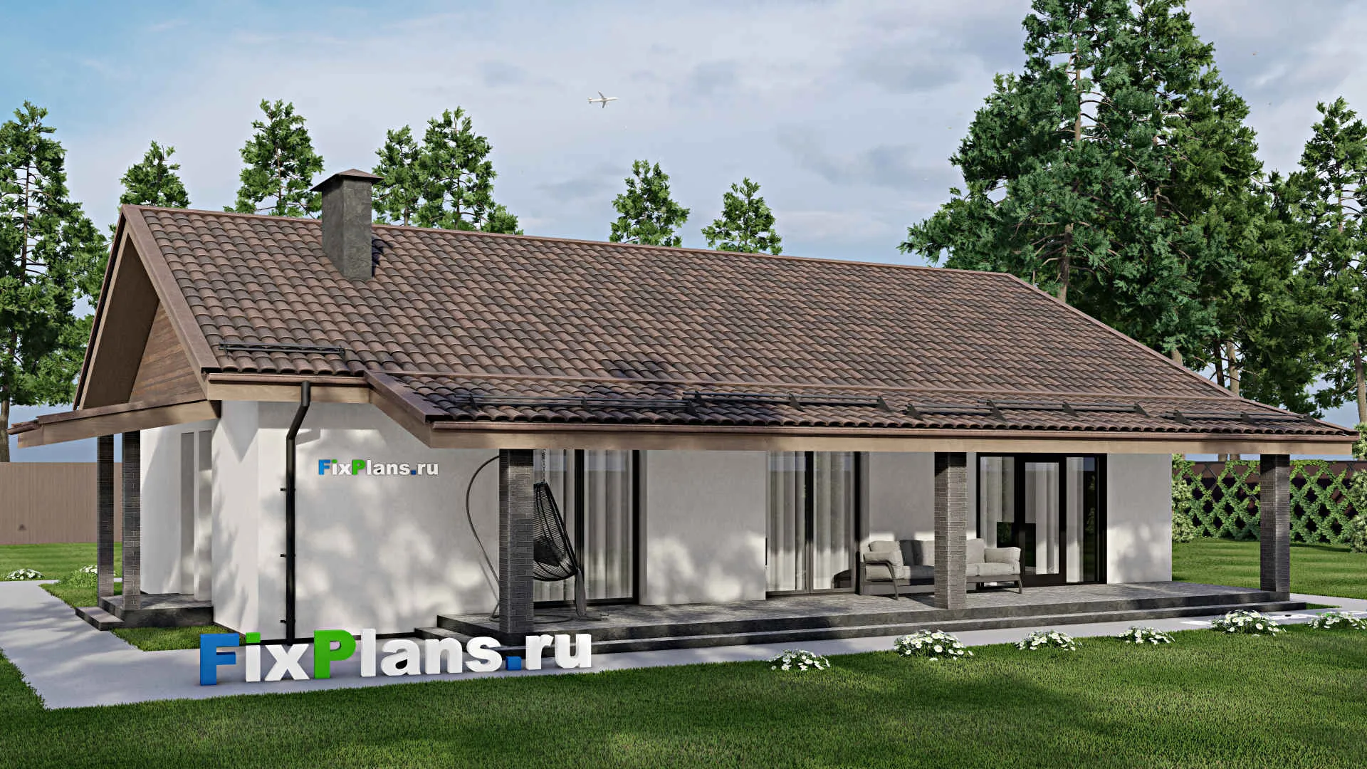 F-6047 - Проект одноэтажного дома 11 на 16, площадью 160 м² с террасой и 3 спальнями