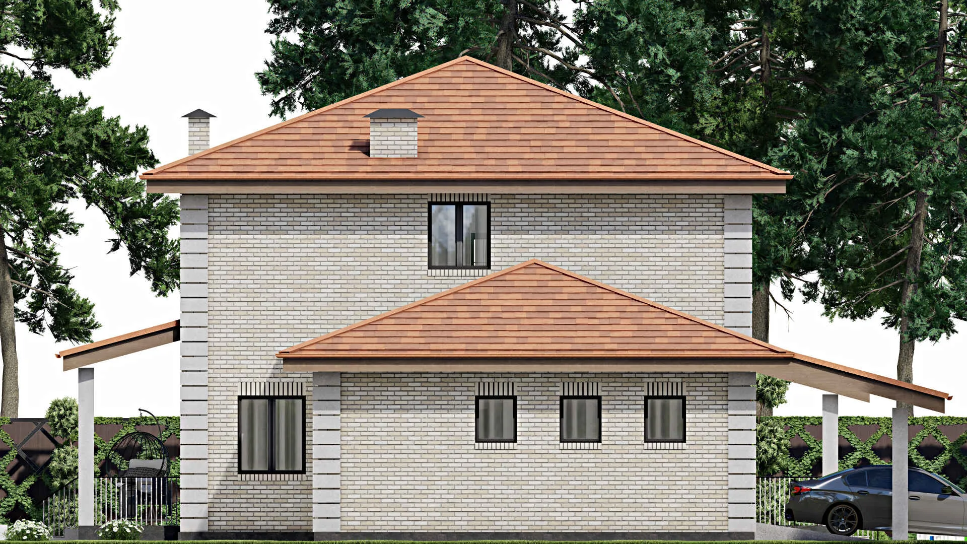 F-12365 - Проект двухэтажного дома 15 на 19, площадью 260 м² с террасой, гаражом на 1 машину и 4 спальнями