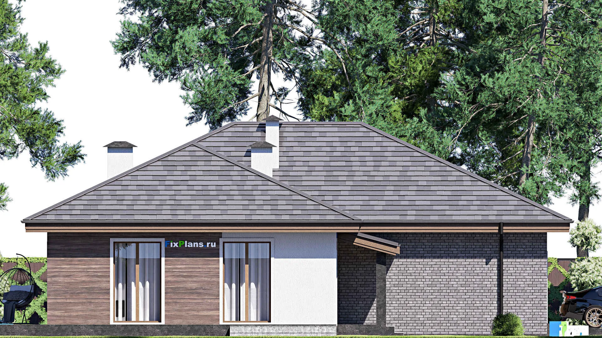 F-17549 - Проект одноэтажного дома 18 на 24, площадью 270 м² с террасой, баней, гаражом на 2 машины и 3 спальнями