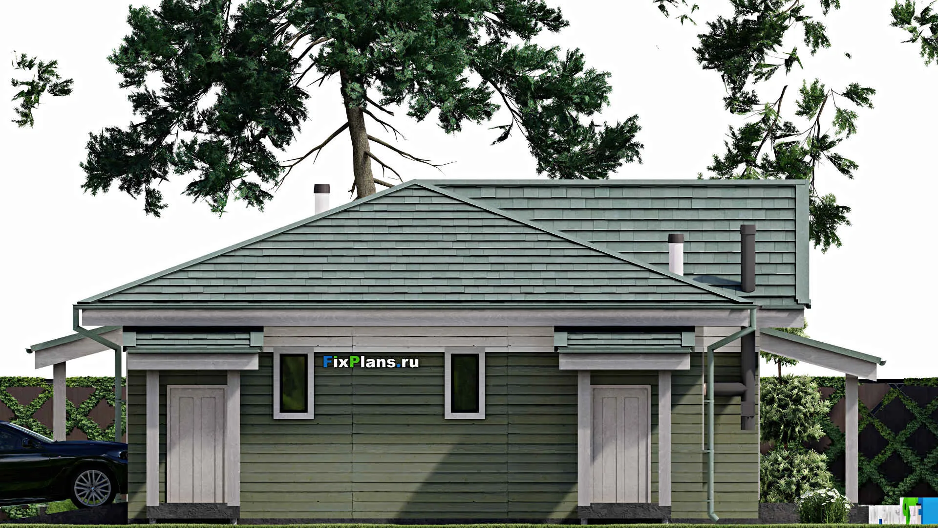 F-9791 - План одноэтажного дома 13 на 18, площадью 160 м² с террасой, гаражом на 1 машину и 2 спальнями