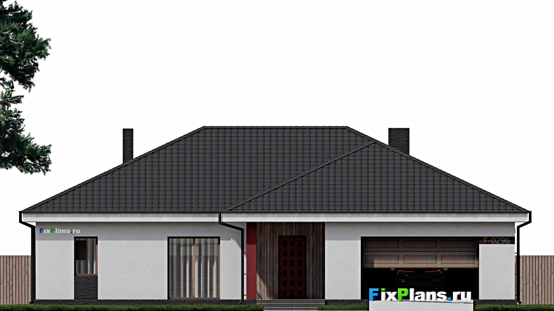 F-0296 - План одноэтажного дома 16 на 19, площадью 220 м² с террасой, гаражом на 2 машины и 2 спальнями