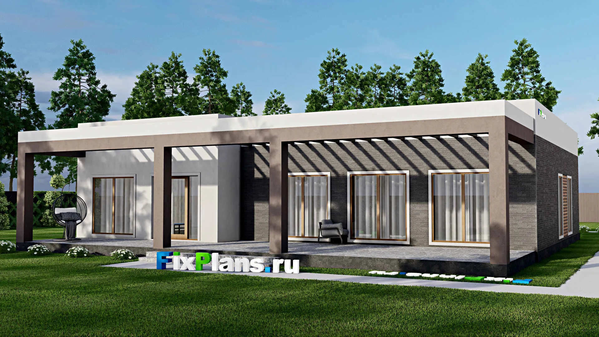 F-8765 - План одноэтажного дома 18 на 25, площадью 330 м² с террасой, гаражом на 2 машины и 3 спальнями