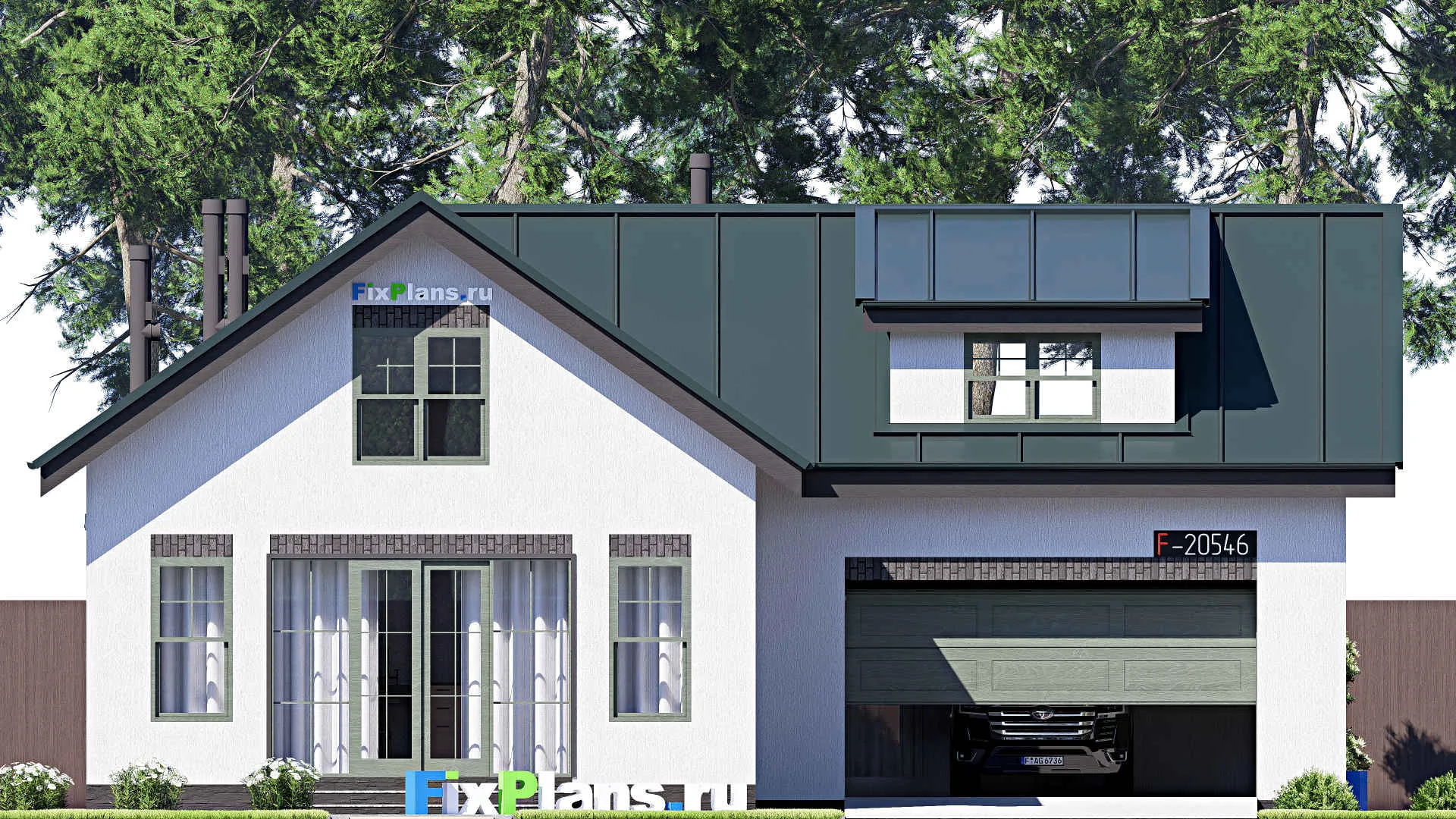 F-20546 - Проект дома с мансардой 14 на 16, площадью 230 м² с террасой, гаражом на 2 машины и 3 спальнями