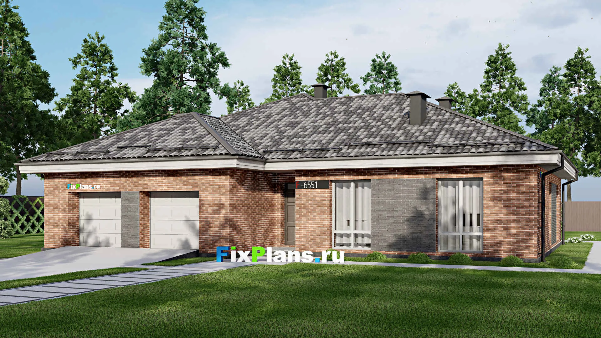 F-6551 - Проект одноэтажного дома 16 на 18, площадью 230 м² с террасой, гаражом на 2 машины и 3 спальнями