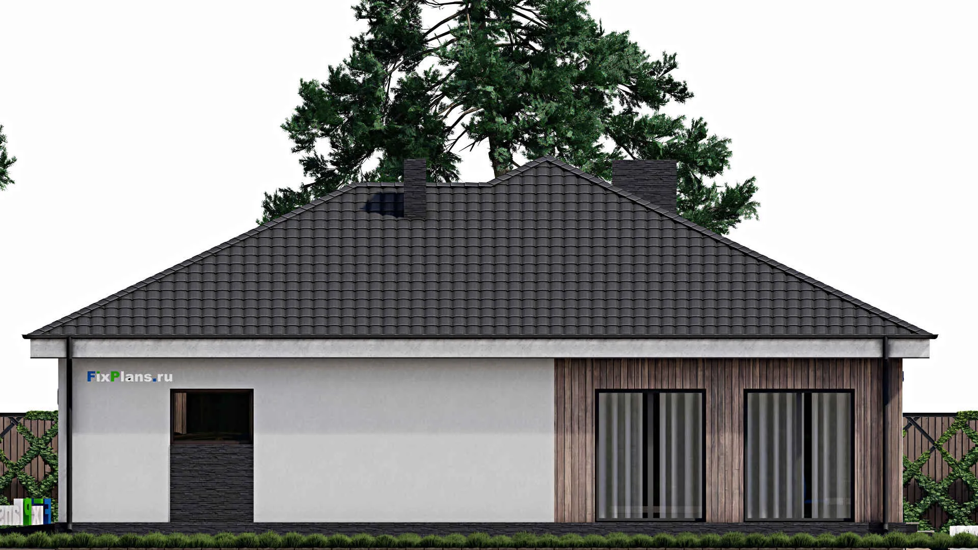 F-0296 - План одноэтажного дома 16 на 19, площадью 220 м² с террасой, гаражом на 2 машины и 2 спальнями