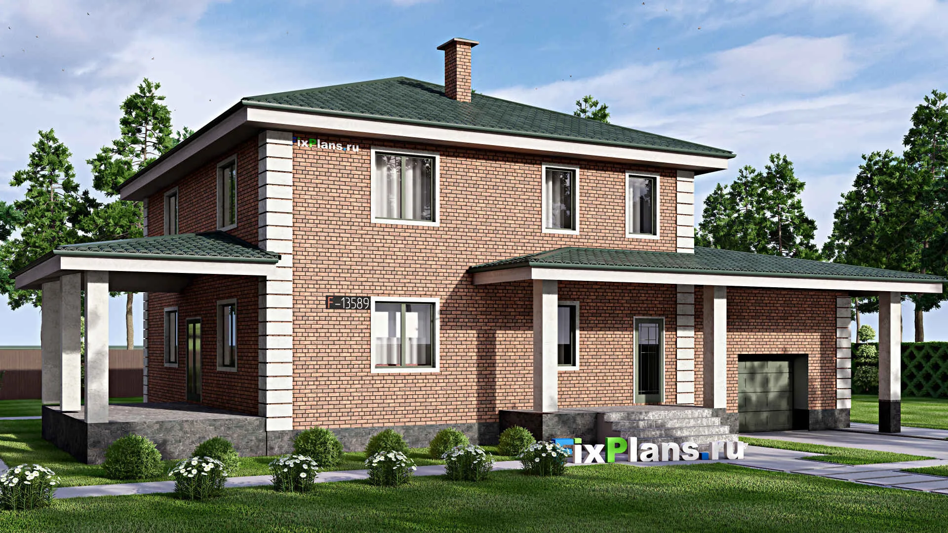 F-13589 - Проект двухэтажного дома 14 на 21, площадью 280 м² с террасой, гаражом на 2 машины и 4 спальнями