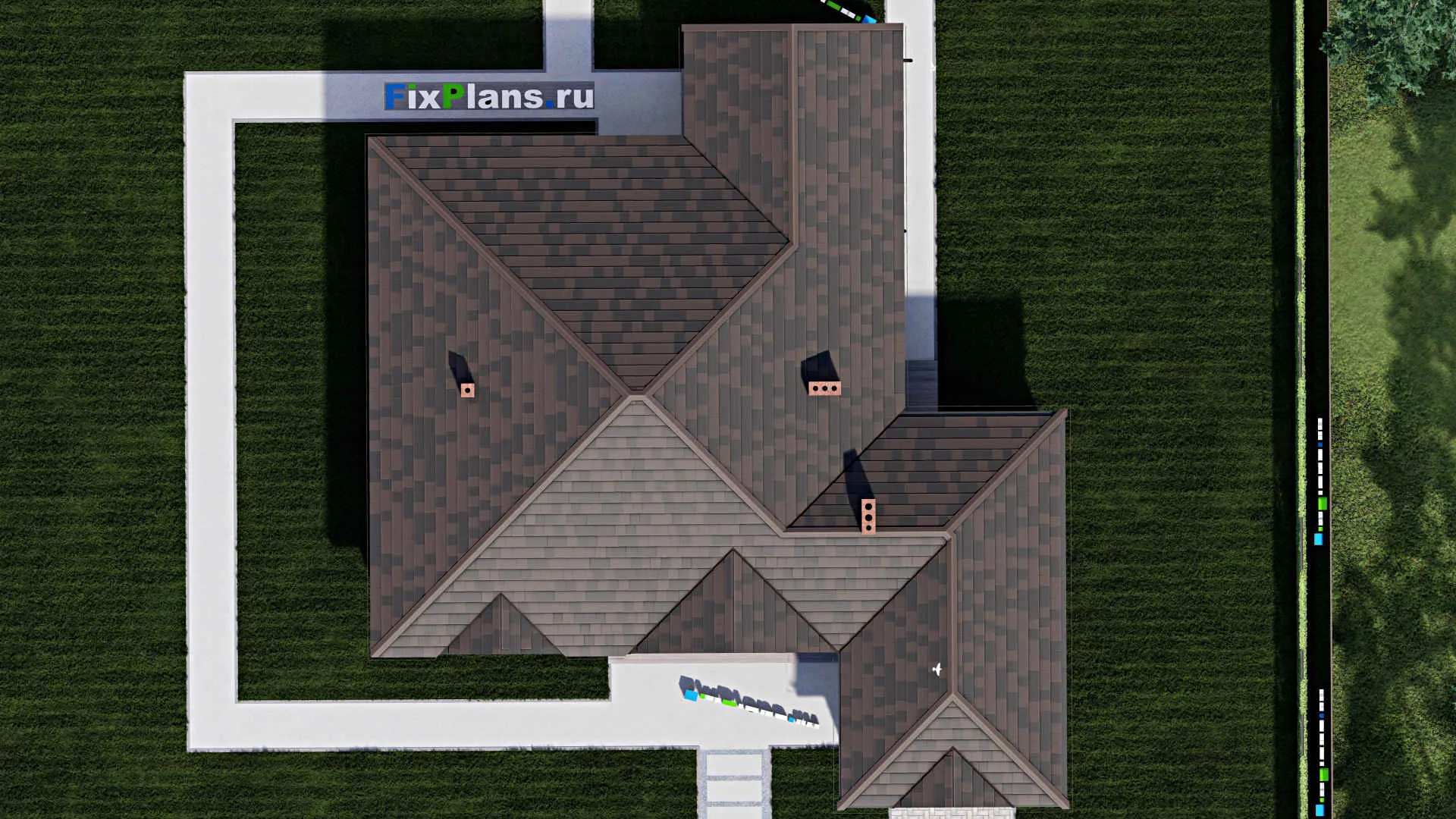 F-0188 - План одноэтажного дома 19 на 19, площадью 210 м² с террасой, гаражом на 1 машину и 2 спальнями