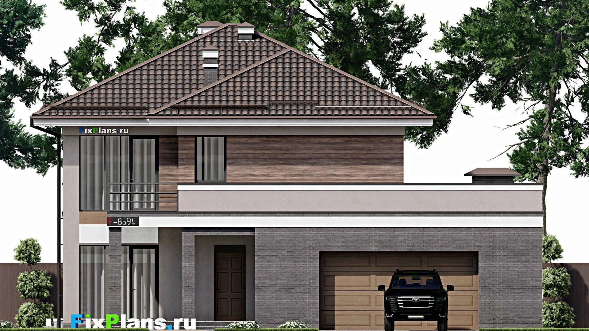 F-8594 - Проект двухэтажного дома 13 на 17, площадью 300 м² с террасой, балконом, гаражом на 2 машины и 4 спальнями