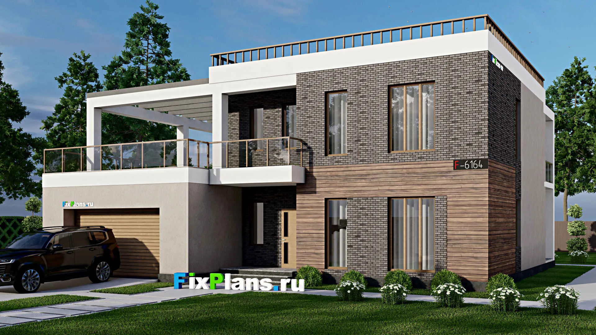 F-6164 - Проект двухэтажного дома 15 на 16, площадью 330 м² с террасой, гаражом на 2 машины и 4 спальнями
