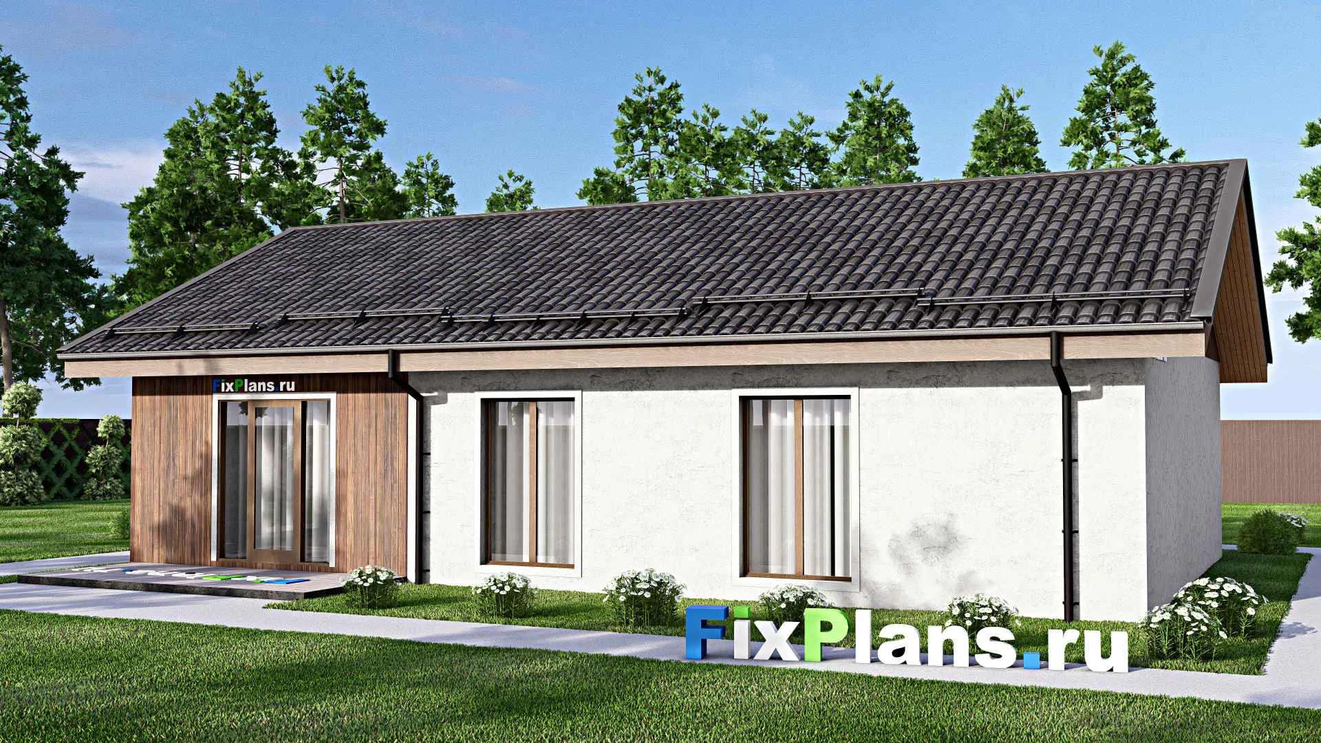 F-13031 - Проект одноэтажного дома 14 на 15, площадью 130 м² с террасой и 3 спальнями