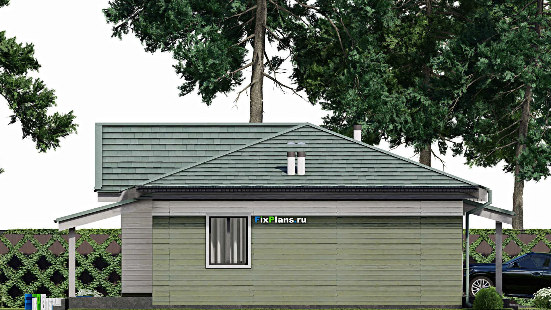 F-9791 - План одноэтажного дома 13 на 18, площадью 160 м² с террасой, гаражом на 1 машину и 2 спальнями