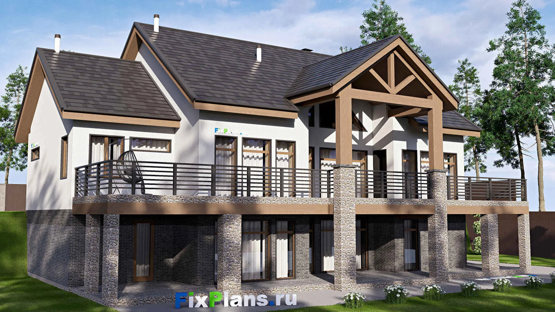 F-20627 - План одноэтажного дома 18 на 23, площадью 570 м² с террасой, цокольным этажом, гаражом на 2 машины и 3 спальнями