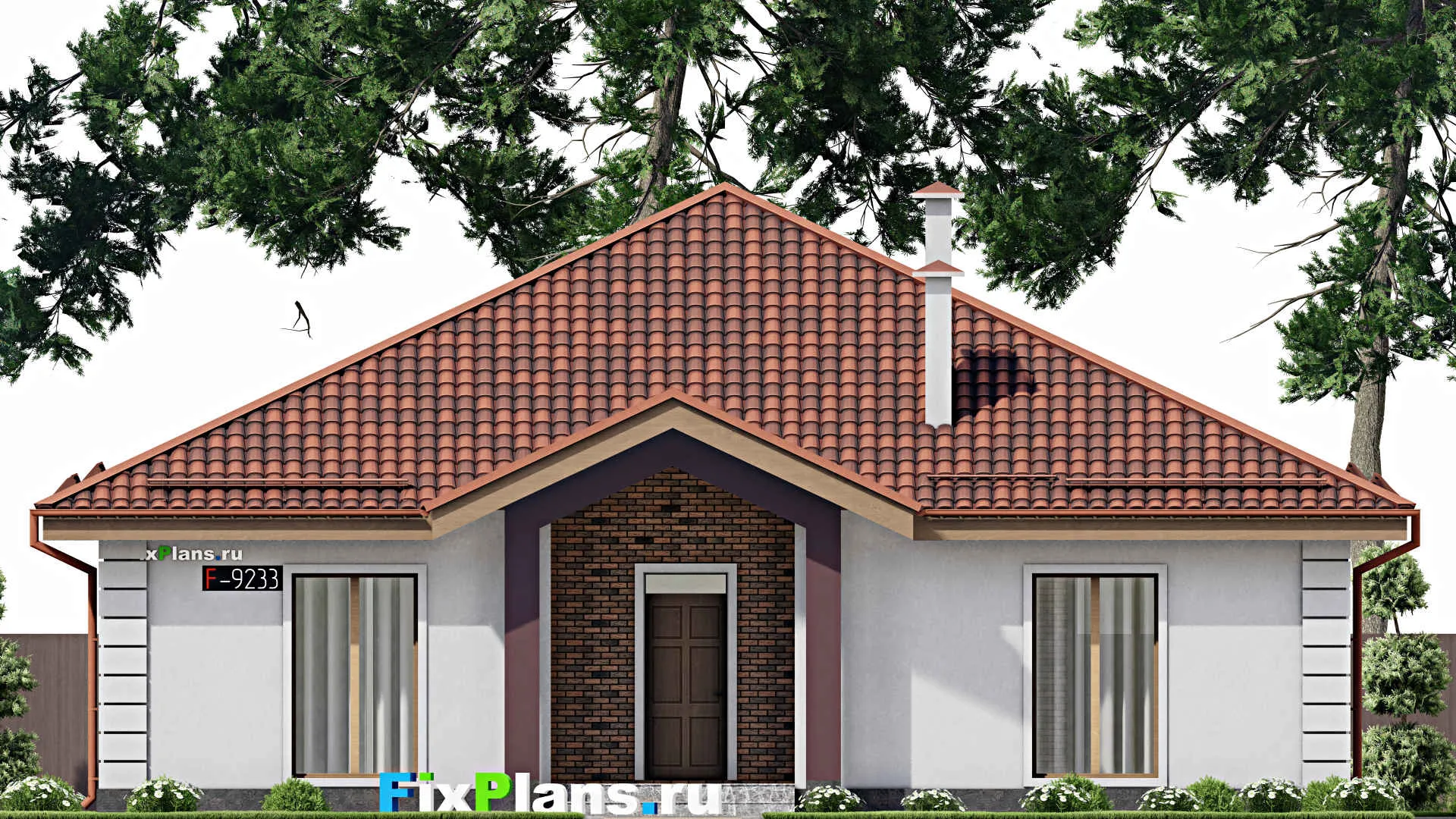 F-9233 - Проект одноэтажного дома 15 на 15, площадью 170 м² с террасой и 4 спальнями