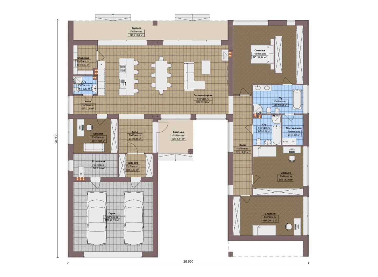 F-15749 - План одноэтажного дома 21 на 21, площадью 300 м² с террасой, гаражом на 2 машины и 3 спальнями