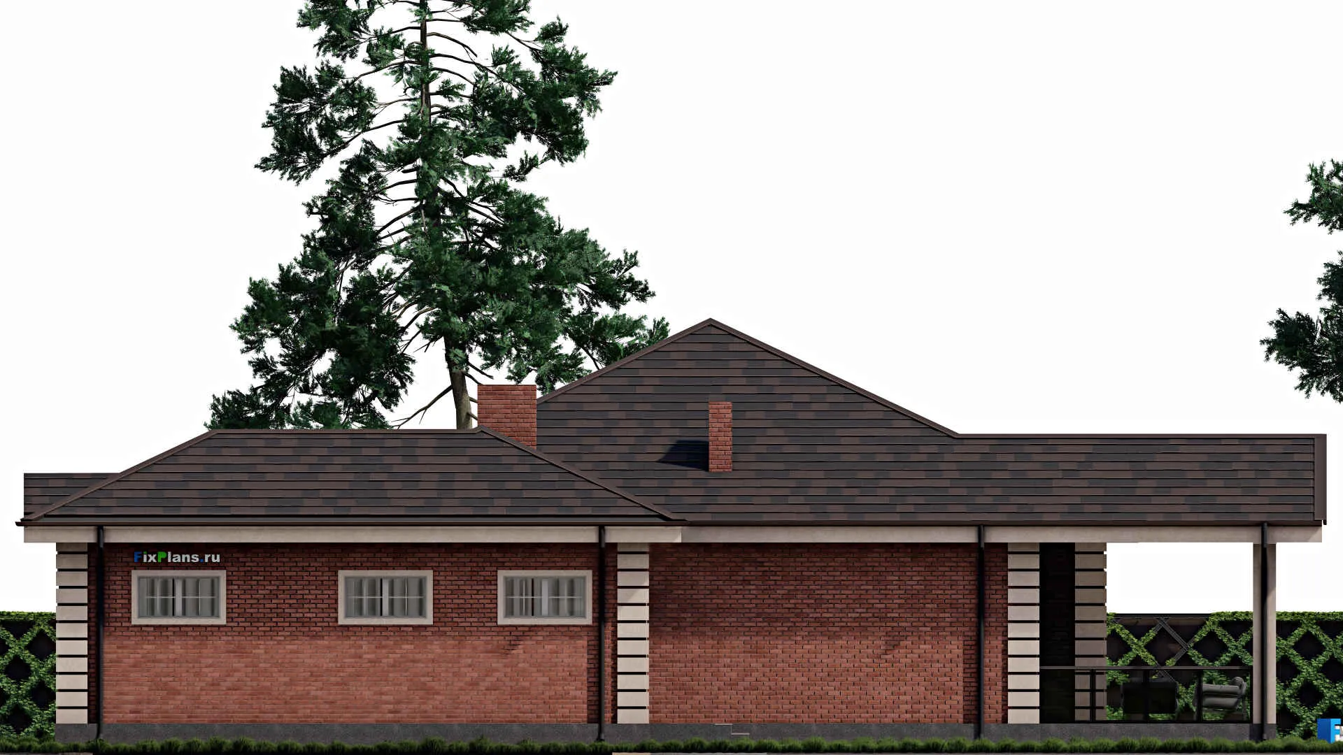 F-0188 - План одноэтажного дома 19 на 19, площадью 210 м² с террасой, гаражом на 1 машину и 2 спальнями