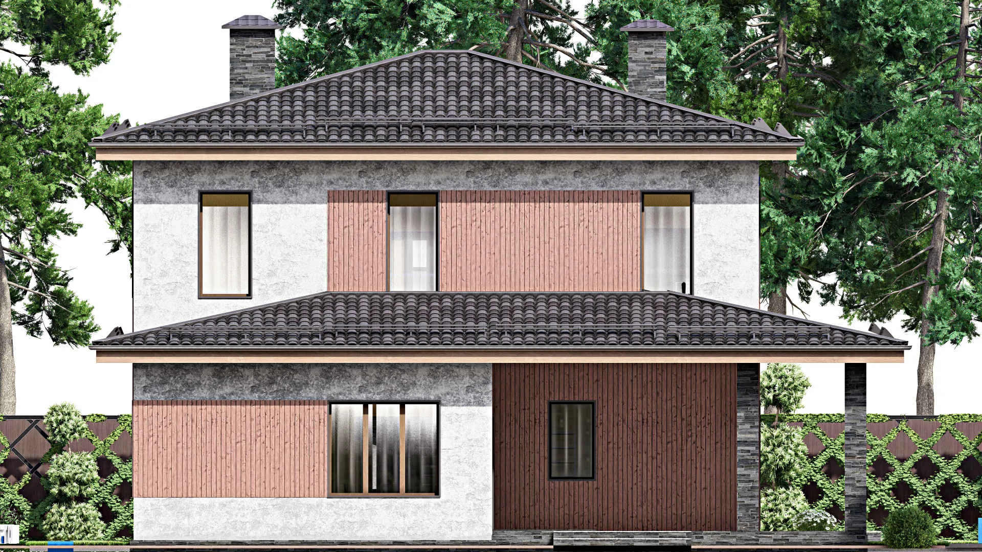 F-13076 - Проект двухэтажного дома 14 на 19, площадью 260 м² с террасой, баней и 4 спальнями