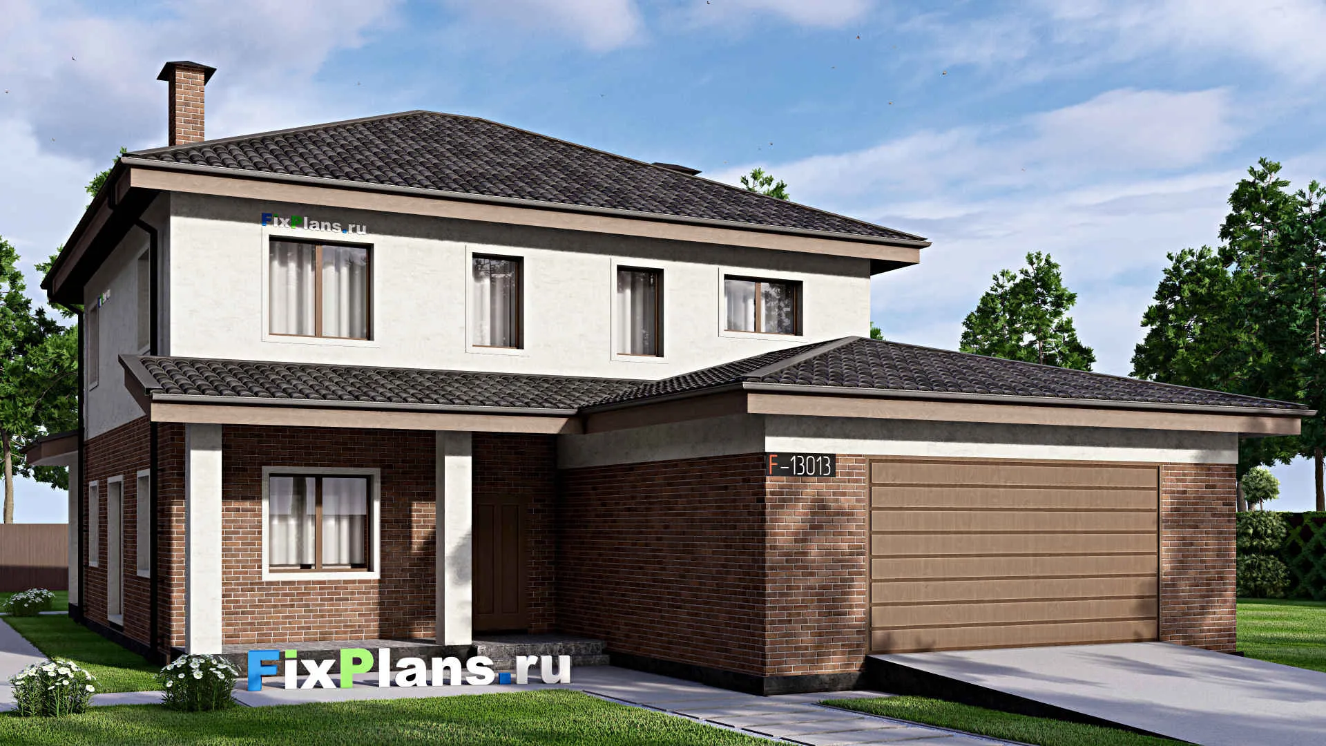 F-13013 - Проект двухэтажного дома 12 на 21, площадью 260 м² с террасой, гаражом на 2 машины и 5 спальнями