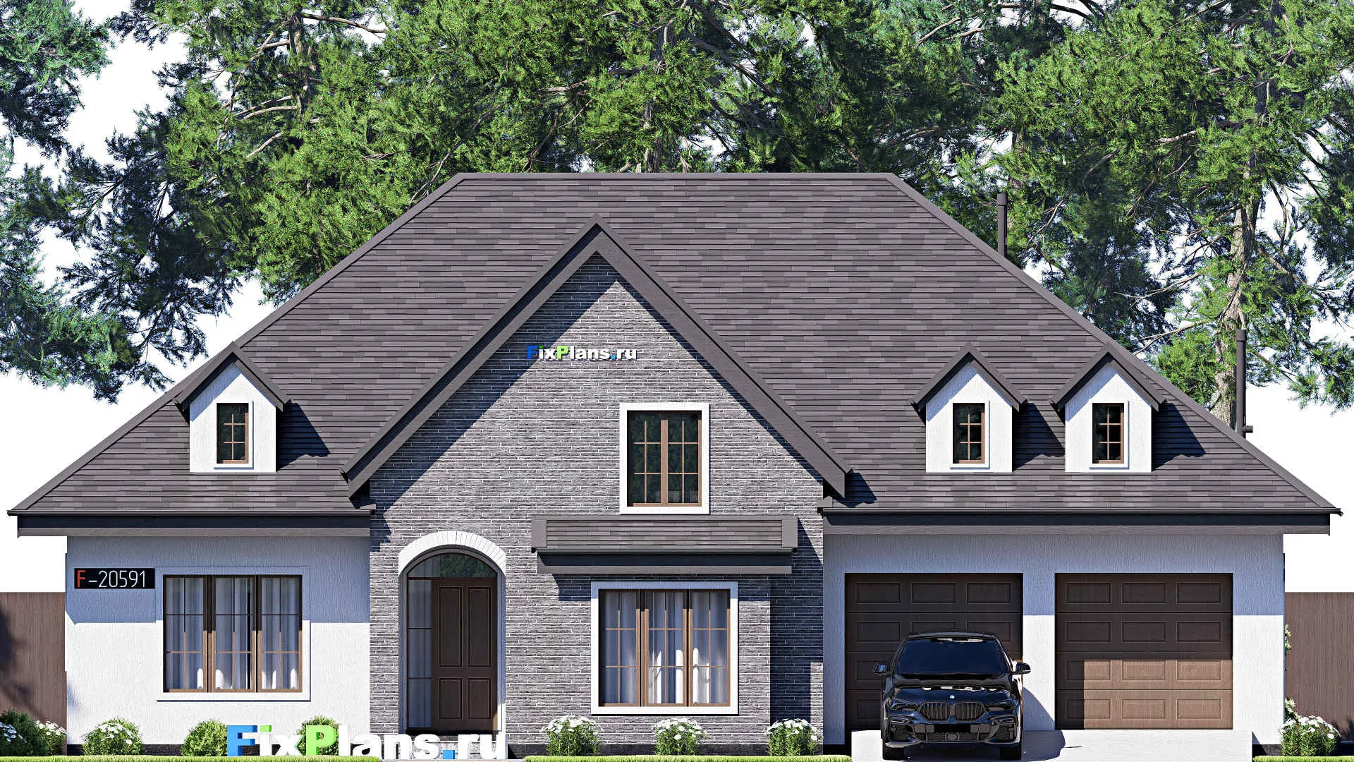 F-20591 - Проект дома с мансардой 18 на 20, площадью 410 м² с террасой, гаражом на 2 машины и 4 спальнями