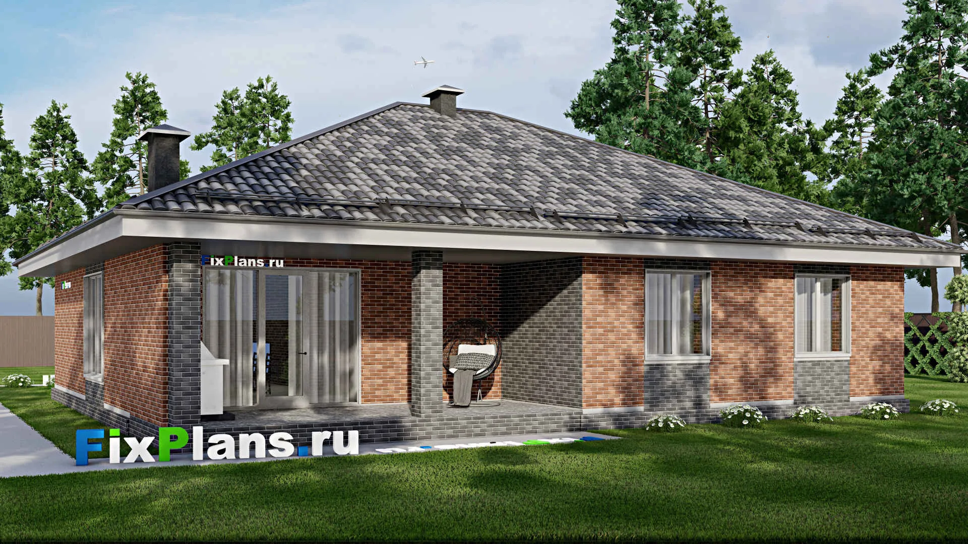 F-5849 - План одноэтажного дома 16 на 24, площадью 250 м² с террасой, гаражом на 2 машины и 3 спальнями