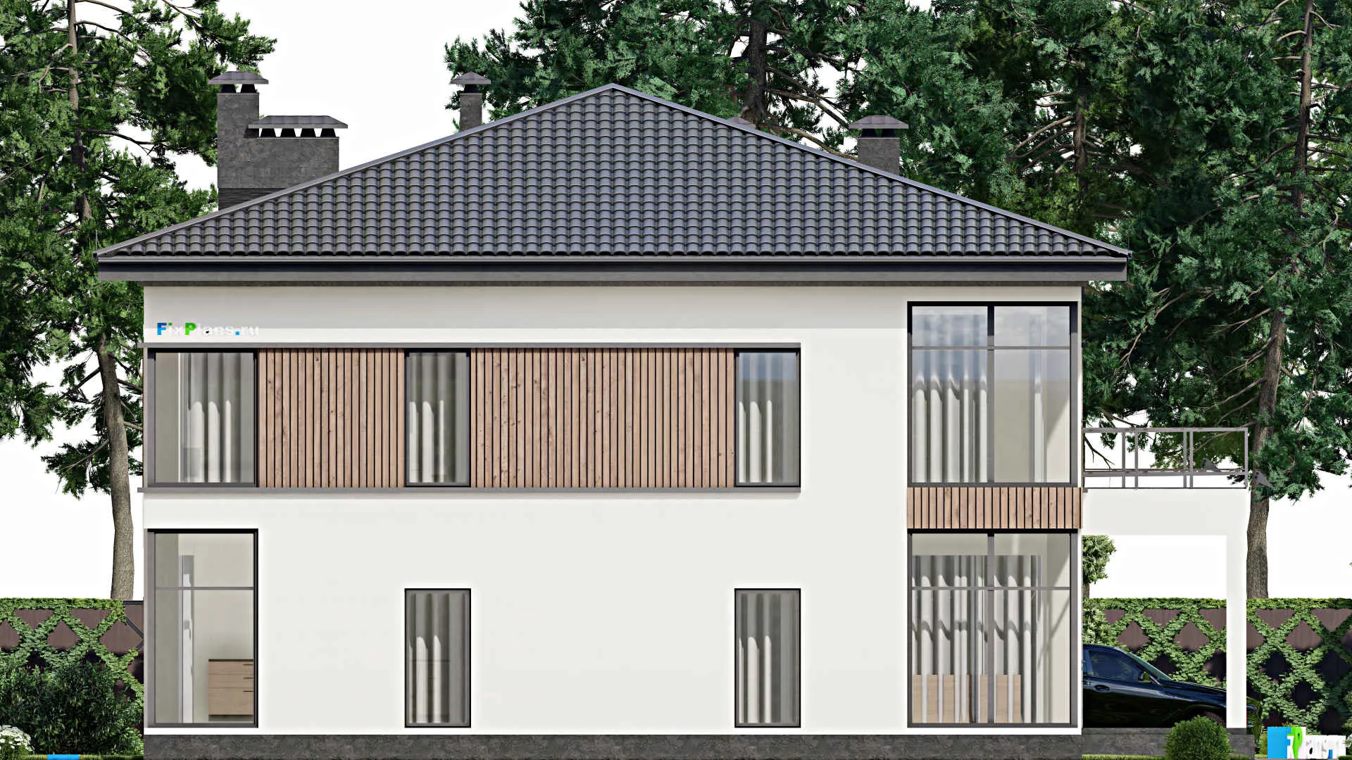 F-5210 - Планы двухэтажного дома 15 на 20, площадью 460 м² с балконом, гаражом на 1 машину, спортзалом и 1 спальнями