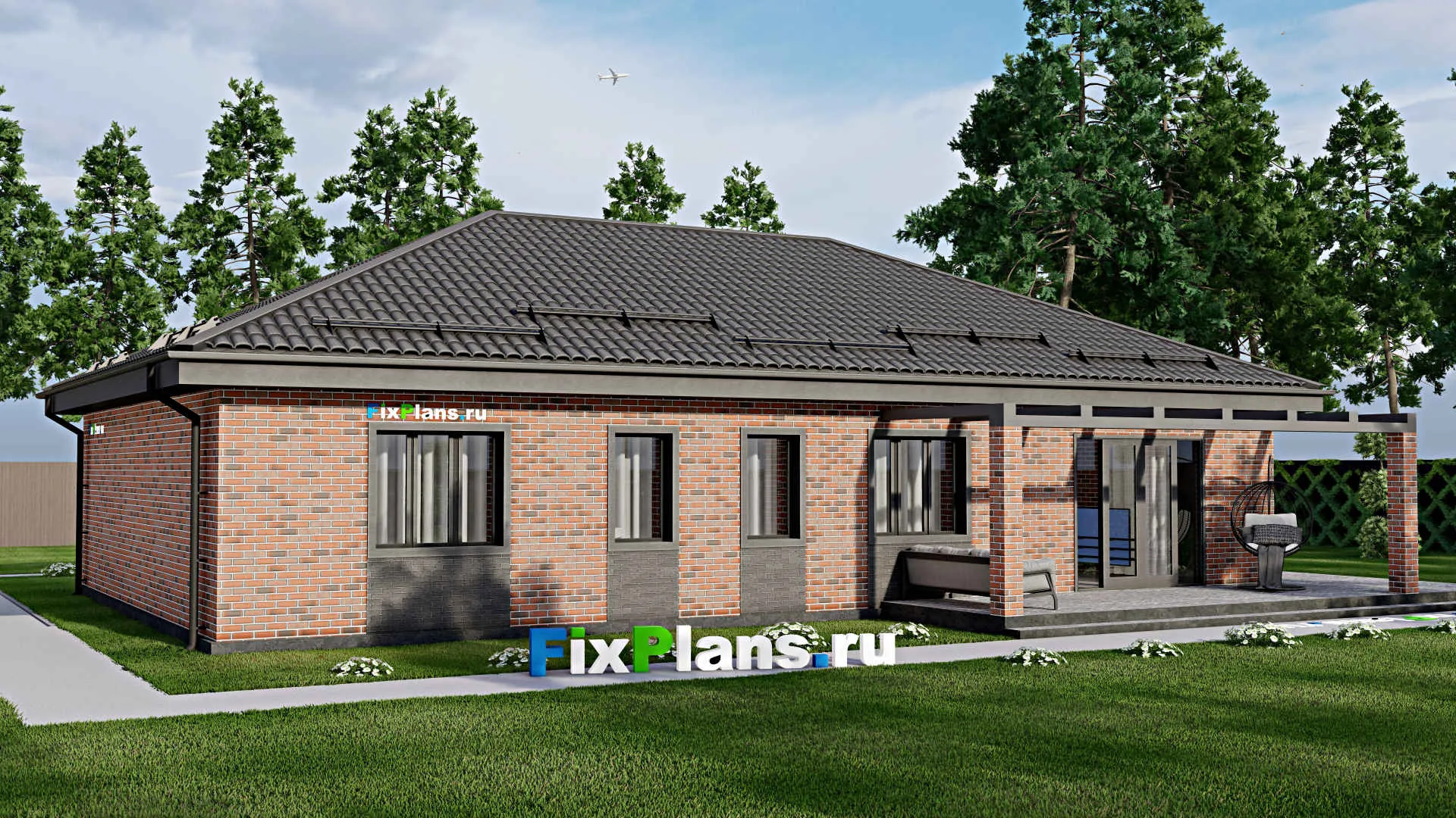 F-3968 - Проект одноэтажного дома 11 на 18, площадью 200 м² с террасой и 3 спальнями