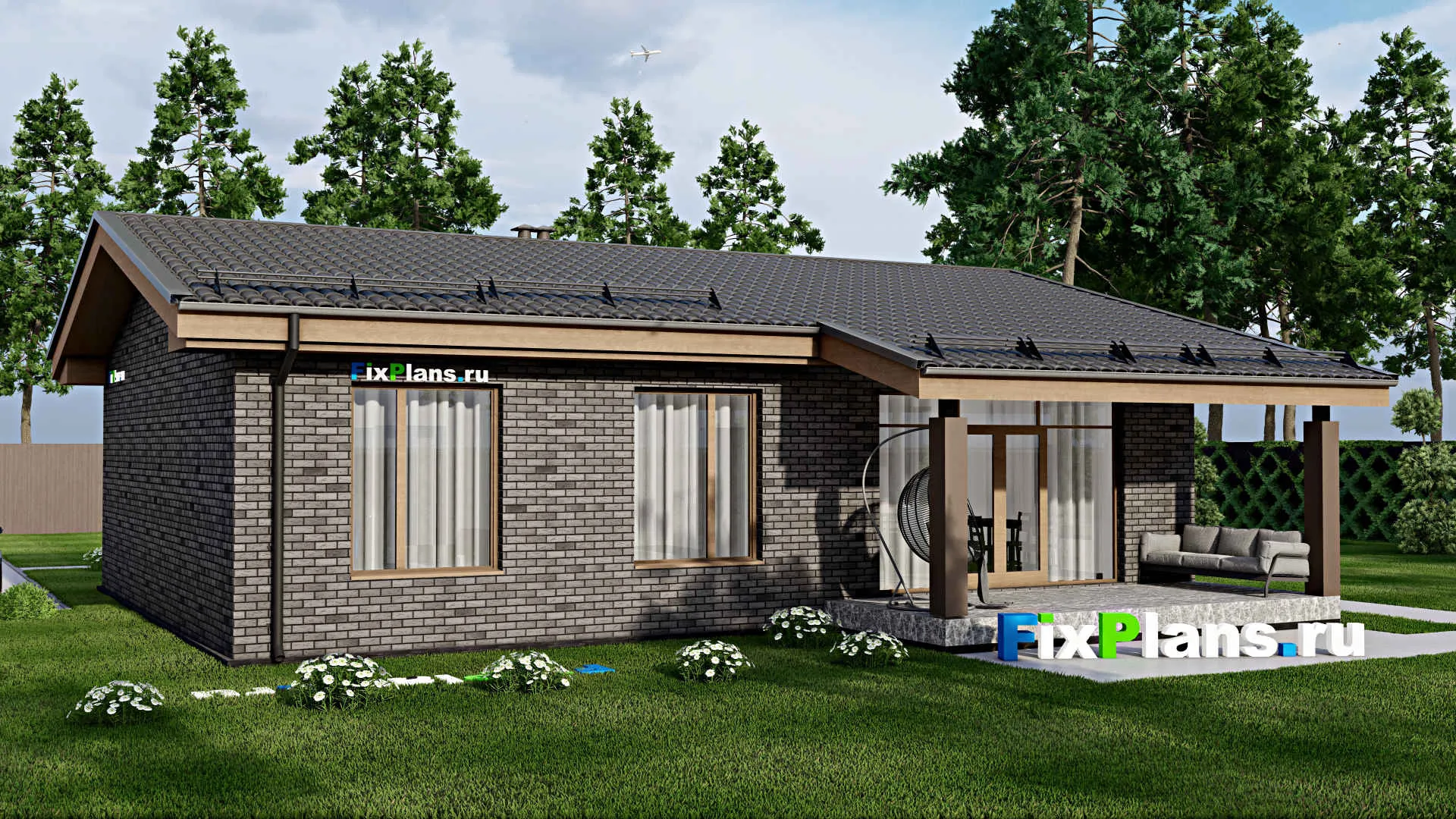 F-9917 - Проект одноэтажного дома 14 на 14, площадью 130 м² с террасой и 3 спальнями