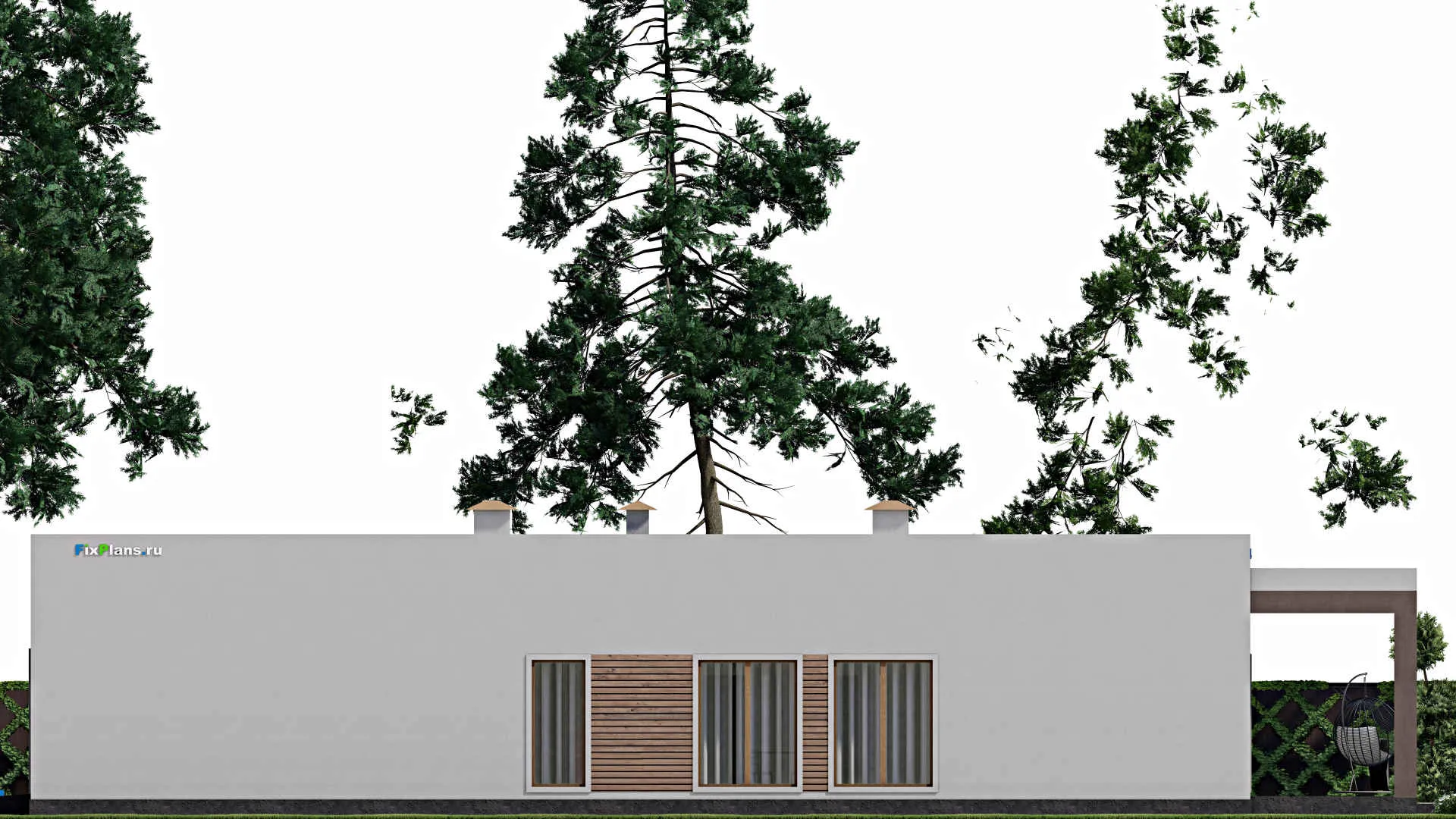 F-8765 - План одноэтажного дома 18 на 25, площадью 330 м² с террасой, гаражом на 2 машины и 3 спальнями