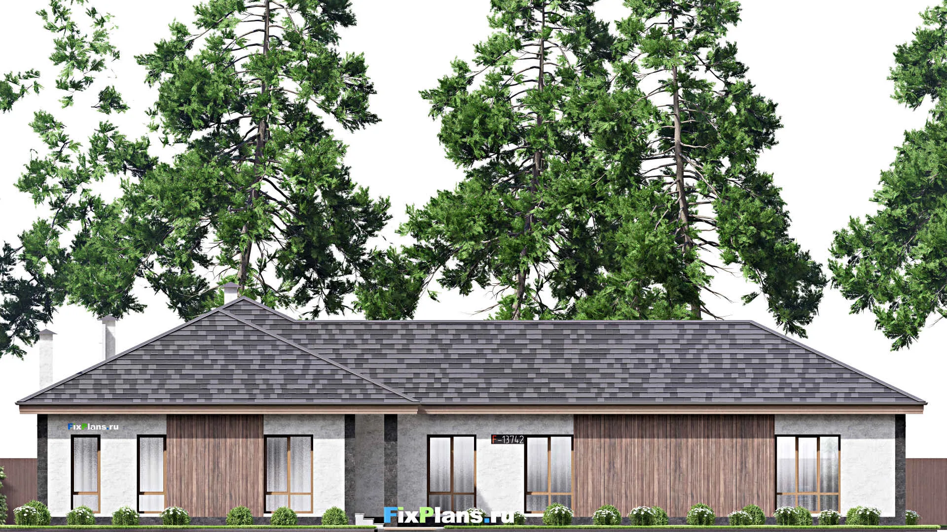 F-13742 - План одноэтажного дома 21 на 27, площадью 310 м² с террасой и 3 спальнями