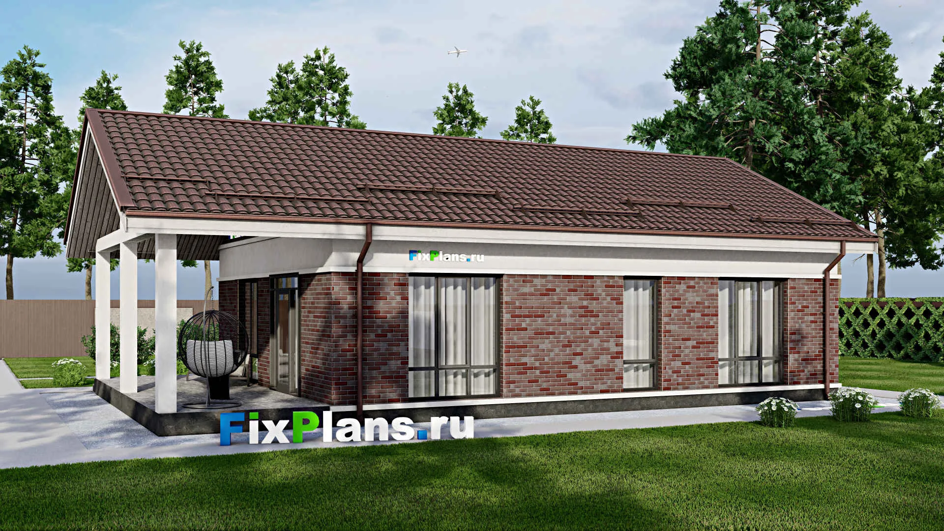 F-2150 - План одноэтажного дома 10 на 13, площадью 120 м² с террасой и 2 спальнями