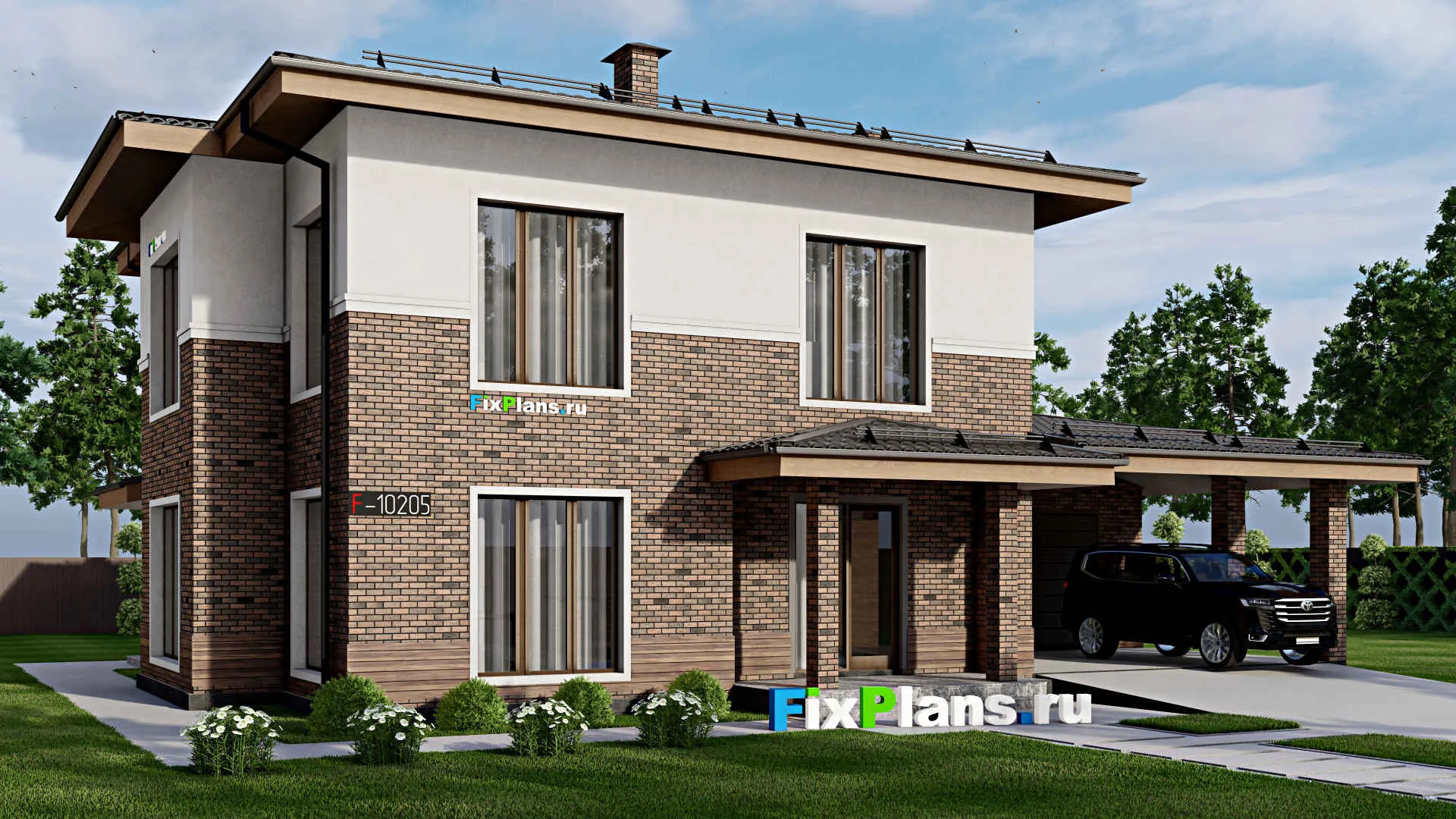 F-10205 - Проект двухэтажного дома 16 на 18, площадью 250 м² с террасой, баней, гаражом на 2 машины и 4 спальнями