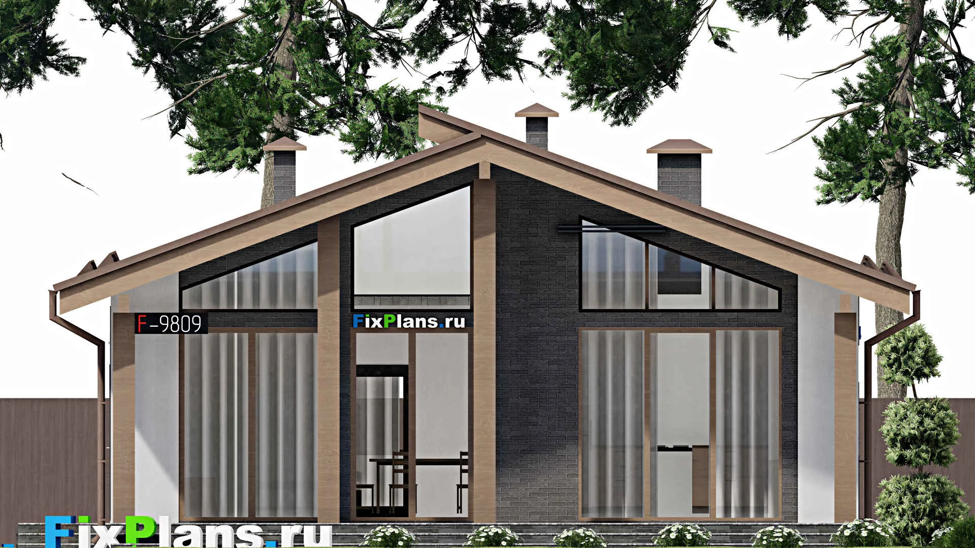 F-9809 - План одноэтажного дома 12 на 13, площадью 110 м² с террасой, баней и 2 спальнями