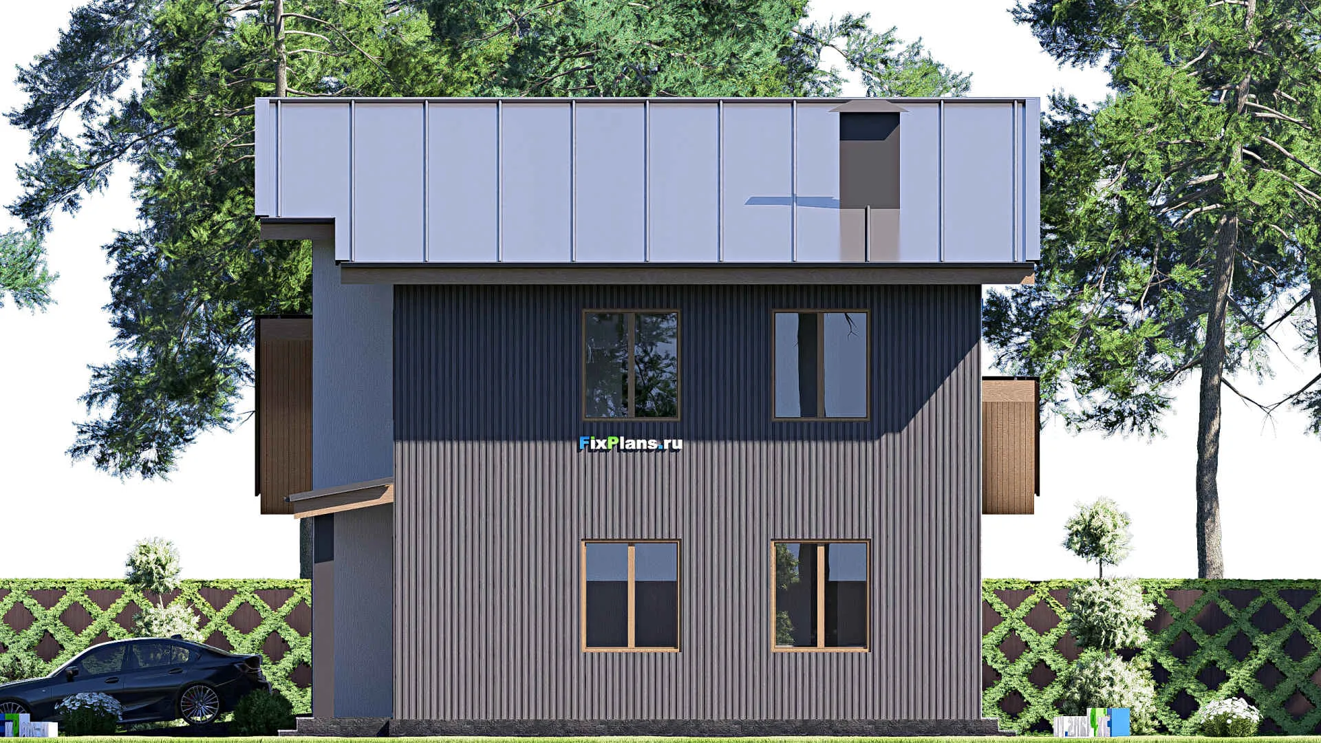 F-18881 - Проект двухэтажного дома 10 на 27, площадью 280 м² с террасой, гаражом на 2 машины и 4 спальнями