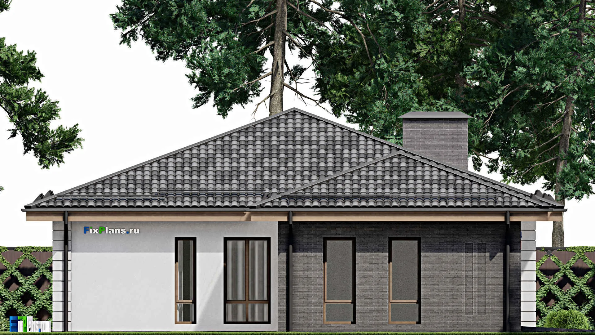 F-7793 - План одноэтажного дома 14 на 20, площадью 190 м² с террасой, гаражом на 1 машину и 3 спальнями