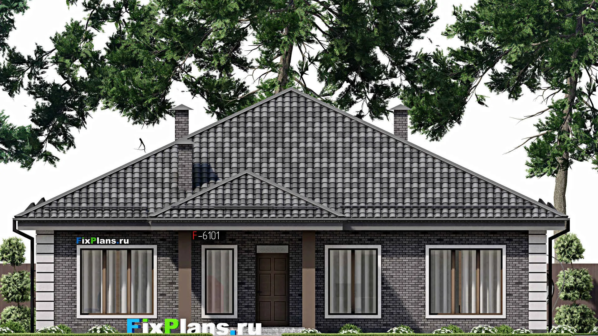 F-6101 - План одноэтажного дома 15 на 18, площадью 210 м² с террасой и 4 спальнями