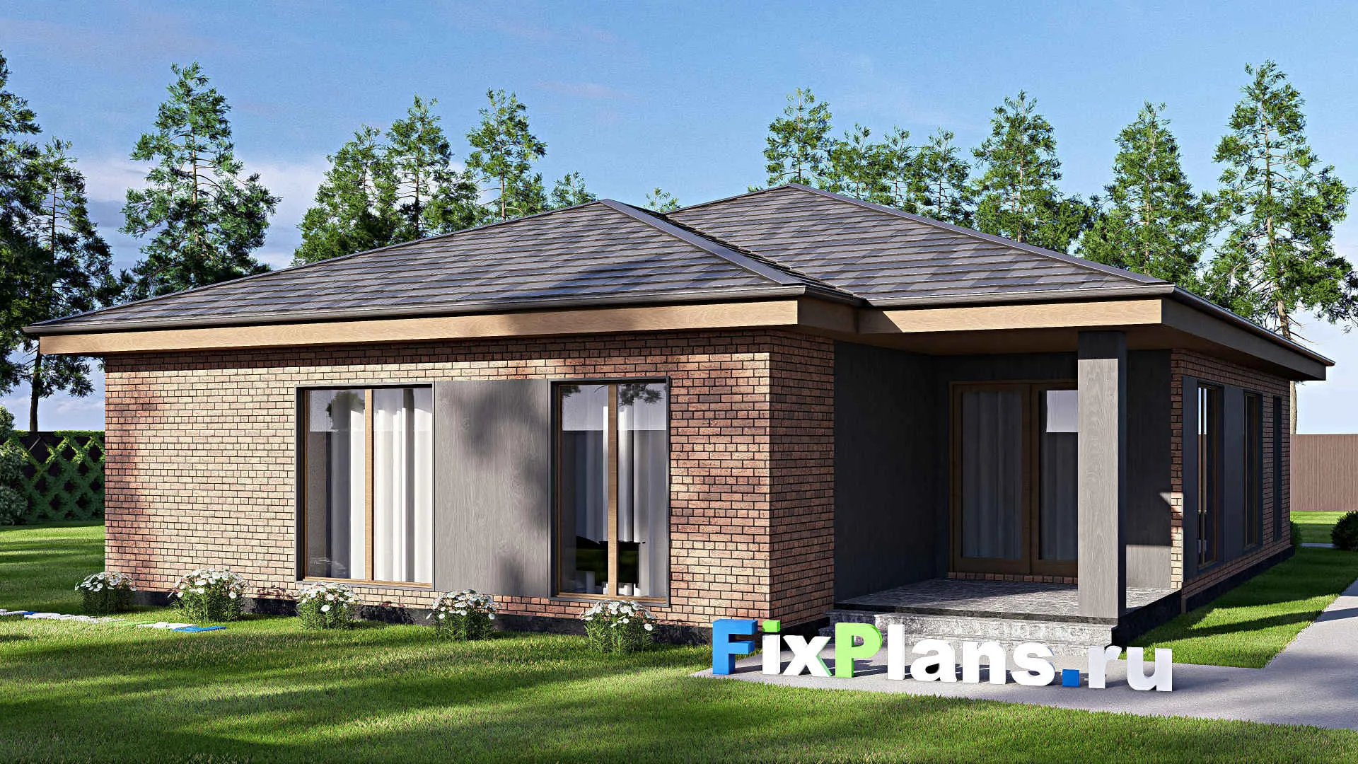 F-18404 - Проект одноэтажного дома 13 на 19, площадью 180 м² с террасой и 4 спальнями