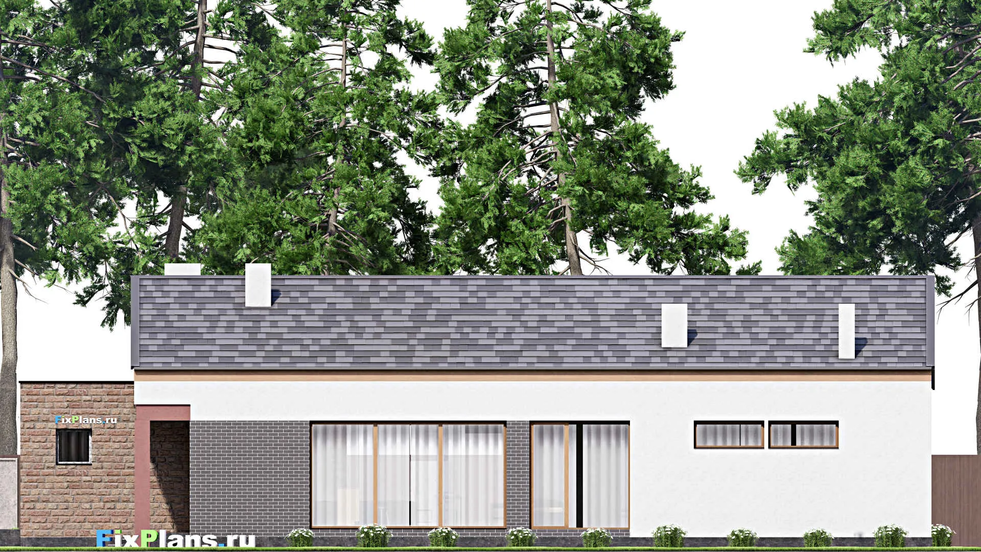 F-16217 - Проект одноэтажного дома 13 на 23, площадью 240 м² с террасой, гаражом на 2 машины и 4 спальнями