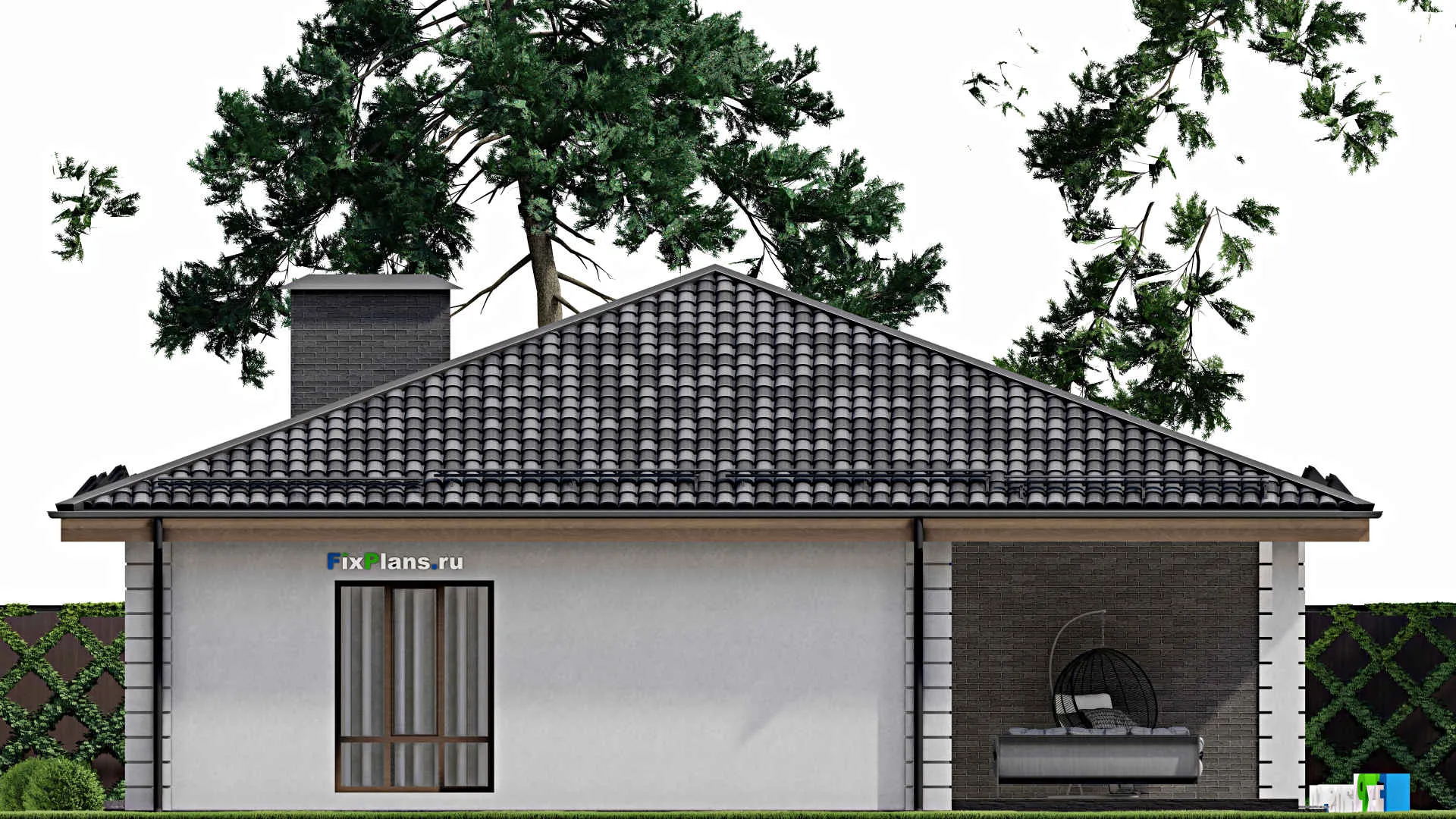 F-7793 - План одноэтажного дома 14 на 20, площадью 190 м² с террасой, гаражом на 1 машину и 3 спальнями