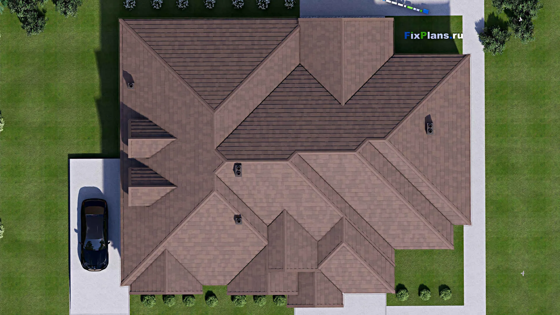 F-16901 - Проект одноэтажного дома 19 на 23, площадью 450 м² с террасой, гаражом на 2 машины и 4 спальнями